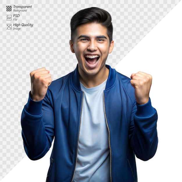 Happy young man celebrating with fists raised on transparent background