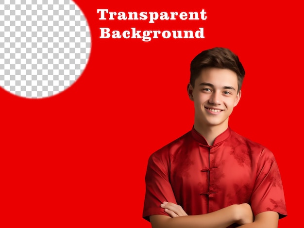 Happy young man in chinese shirt red background transparent