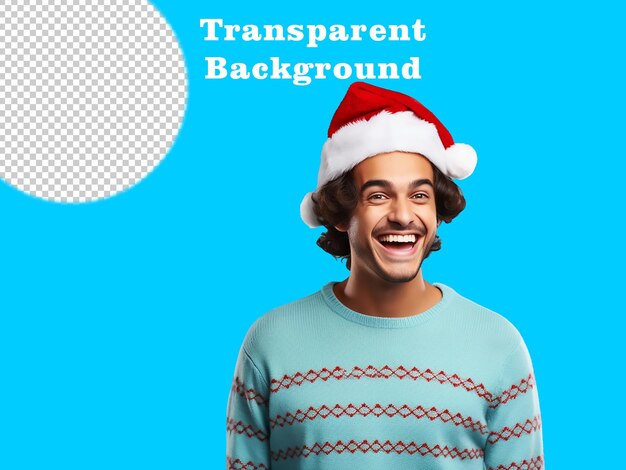 PSD happy young man in christmas sweater and santa hat on light blue background space for text