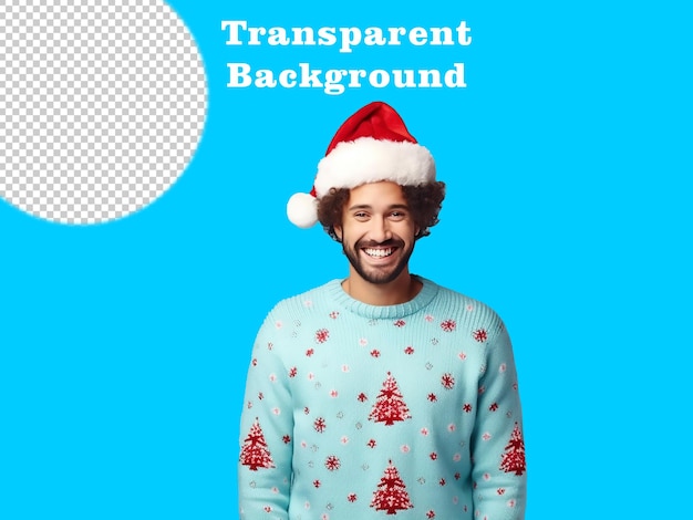 Happy young man in Christmas sweater and Santa hat on light blue background Space for text