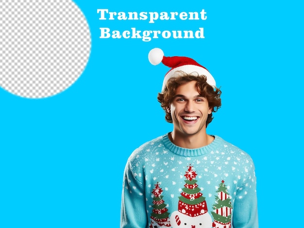 PSD happy young man in christmas sweater and santa hat on light blue background space for text