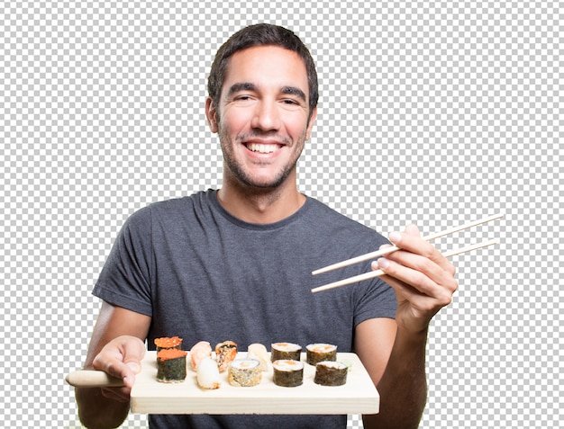 PSD happy young man eating sushi