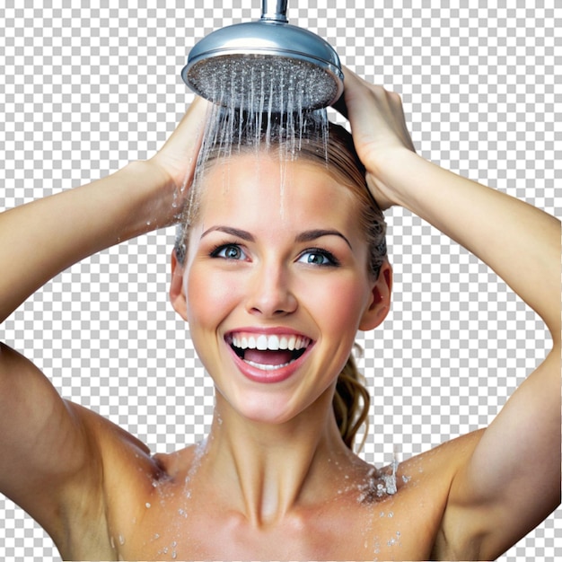 PSD happy young woman wetting her hair while showering