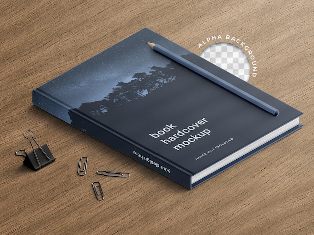 Hard cover book mockup with stationery arrangement workspace office concept isometric view isolated