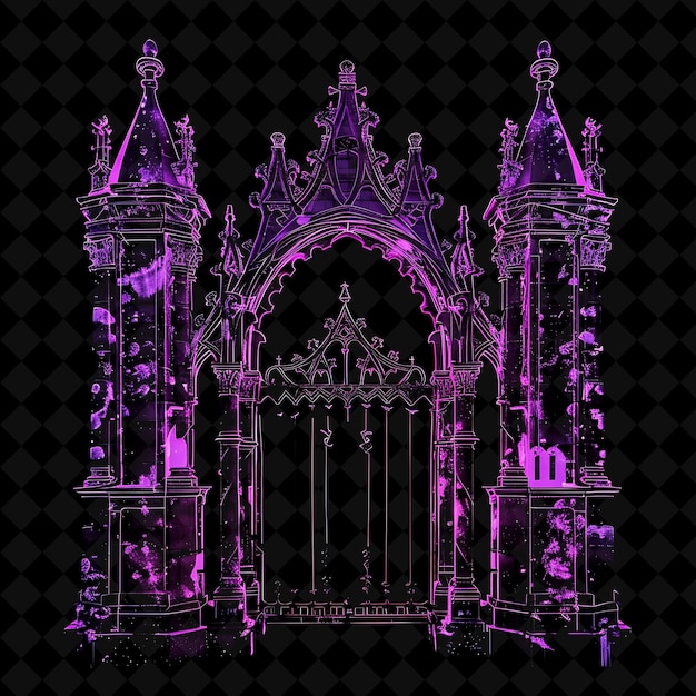 Haunted Castle Gate With Ghostly Apparitions and Gothic Arch PNG Y2K Shape Neon Color Collection