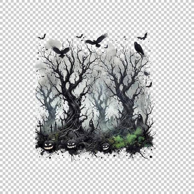 Haunted forest with bats and pumpkins illustration isolated on transparent background