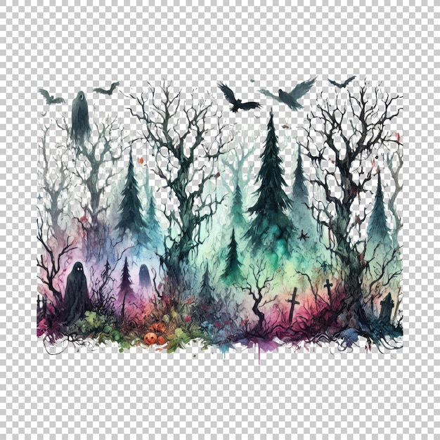 Haunted forest with ghosts illustration isolated on transparent background