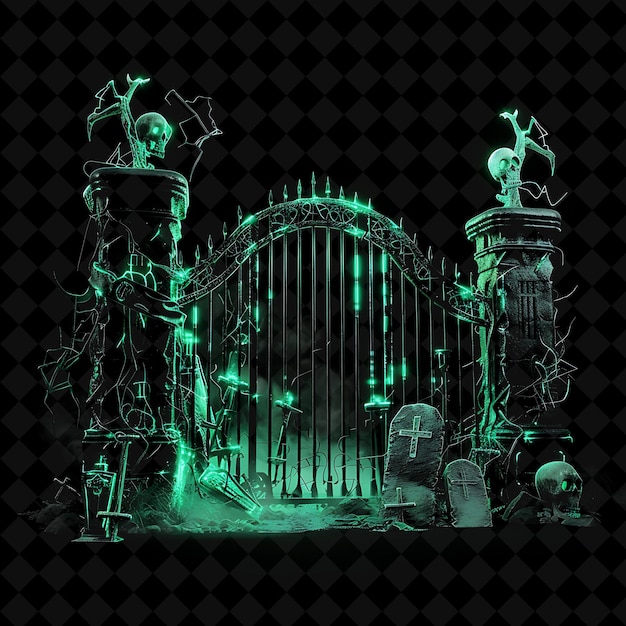 Haunted Graveyard Gate With Tombstones and Skeletons Made Wi PNG Y2K Shape Neon Color Collection