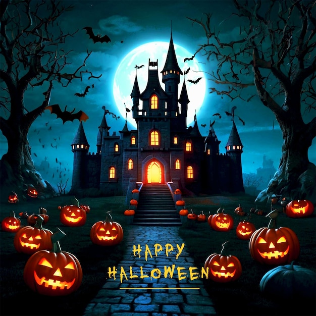 Haunted house and tree with pumpkins background