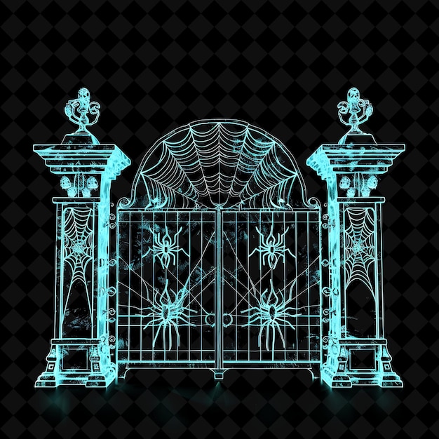 Haunted Mansion Gate With Ghostly Apparitions and Spider Web PNG Y2K Shape Neon Color Collection