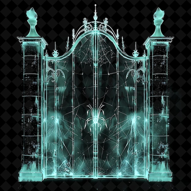 Haunted Mansion Gate With Ghostly Apparitions and Spider Web PNG Y2K Shape Neon Color Collection