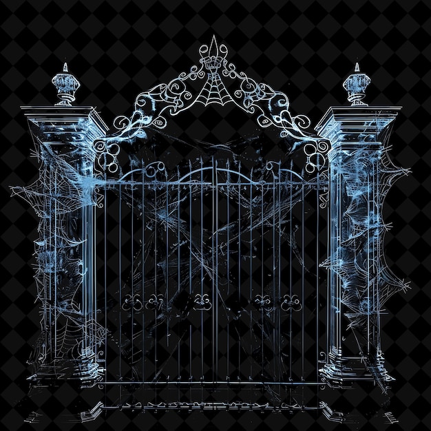 Haunted Mansion Gate With Ghostly Apparitions and Spider Web PNG Y2K Shape Neon Color Collection