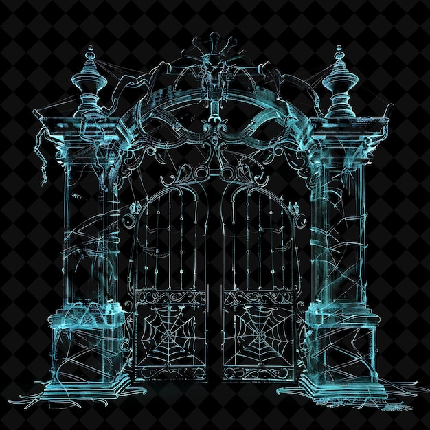 Haunted Mansion Gate With Ghostly Apparitions and Spider Web PNG Y2K Shape Neon Color Collection