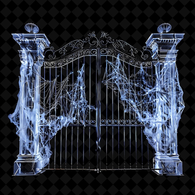 Haunted Mansion Gate With Ghostly Apparitions and Spider Web PNG Y2K Shape Neon Color Collection