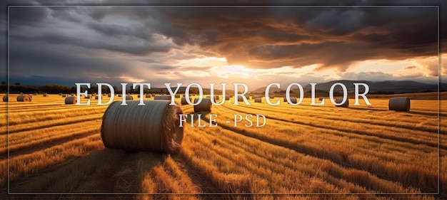 Hay Bales in a Golden Field at Sunset