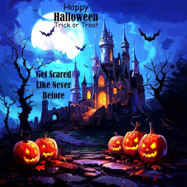 PSD hd spooky halloween scene with pumpkins castle bats and full moon in the background