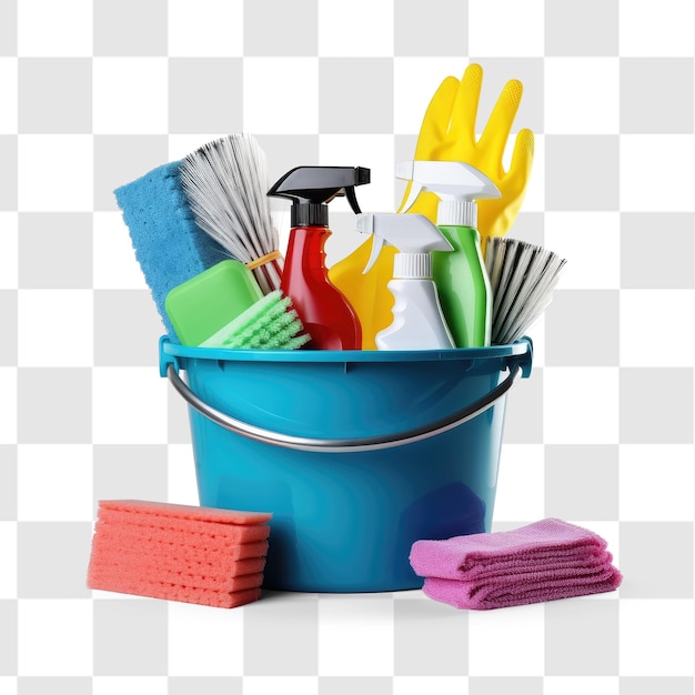 he bucket with cleaning products and transparent background