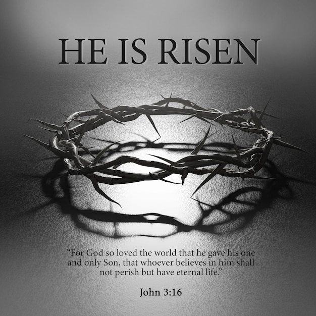 PSD he is risen easter poster design crown of thorns symbol of crucifixion dark backlight 3d rendering