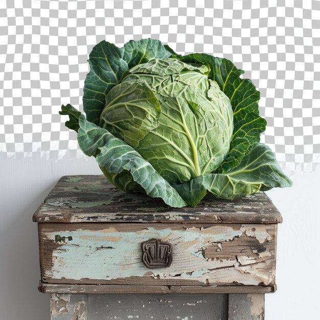 PSD a head of cabbage is on a wooden box