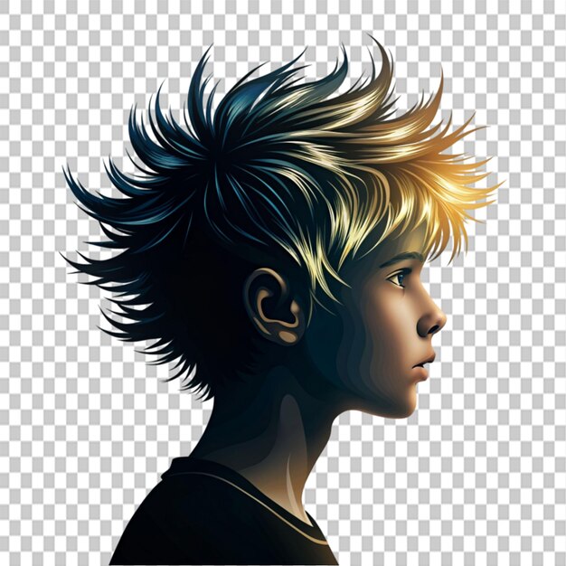 PSD head young boy with fantastic hair outline only on transparent background