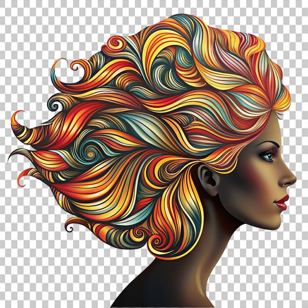 PSD head young woman with fantastic hair outline only on transparent background