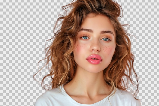 Headshot of girl with curly hairstyle wearing tshirt send air kiss pouted lips on isolated transparent background