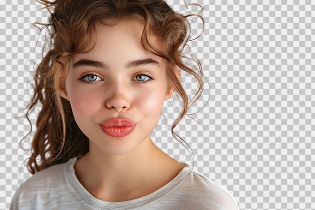 Headshot of girl with curly hairstyle wearing tshirt send air kiss pouted lips on isolated transparent background