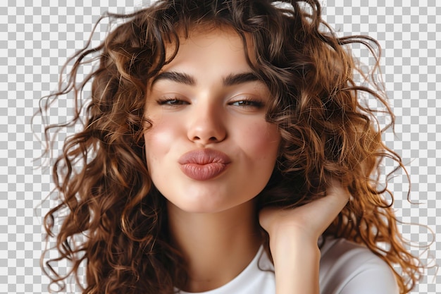 Headshot of girl with curly hairstyle wearing tshirt send air kiss pouted lips on isolated transparent background