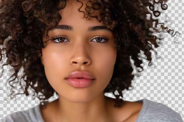 PSD headshot of girl with curly hairstyle wearing tshirt send air kiss pouted lips on isolated transparent background