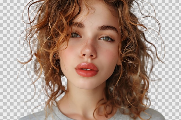 Headshot of girl with curly hairstyle wearing tshirt send air kiss pouted lips on isolated transparent background