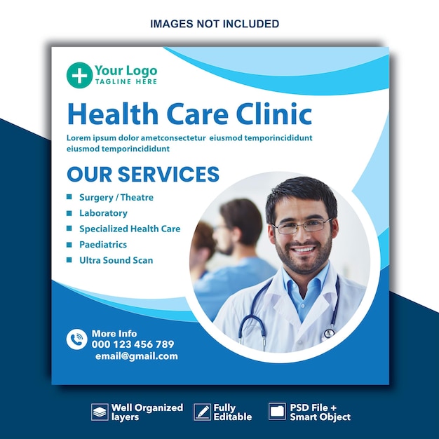 Healthcare banner or square flyer with doctor theme for social media post template