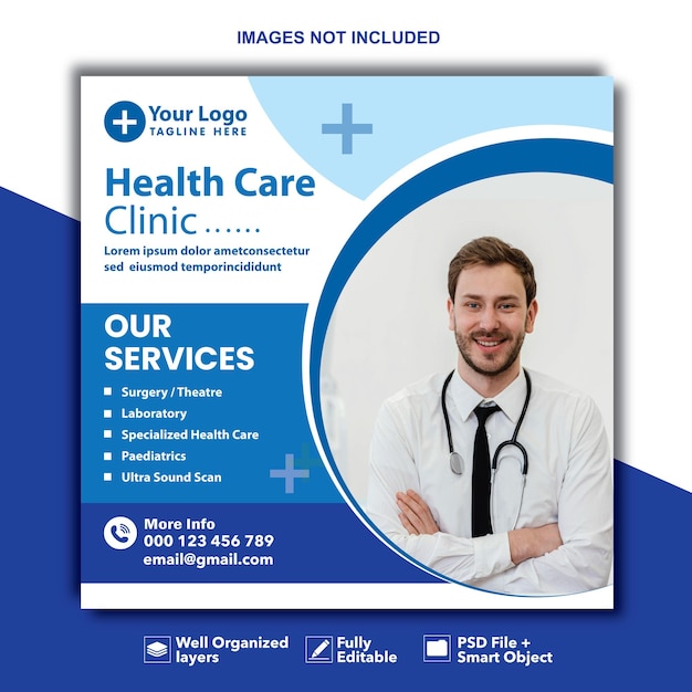 Healthcare banner or square flyer with doctor theme for social media post template