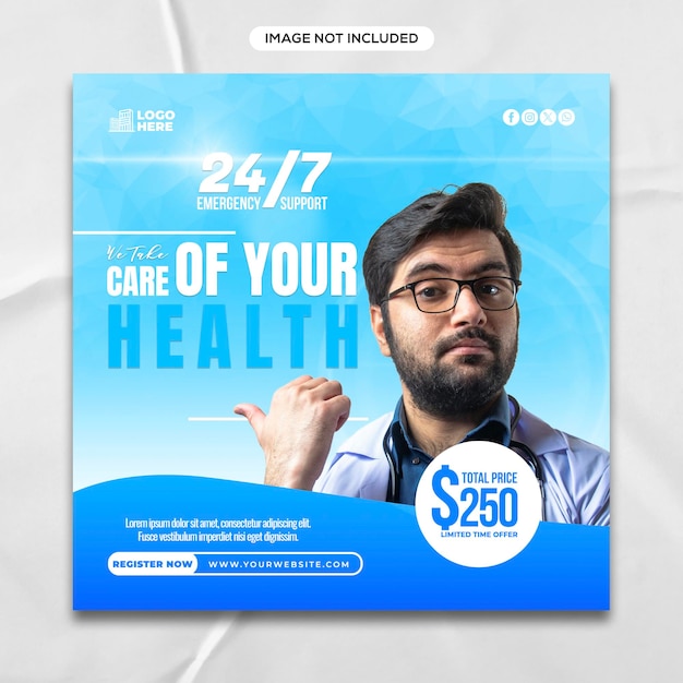 Healthcare prevention banner or square flyer with doctor theme for social media post design template