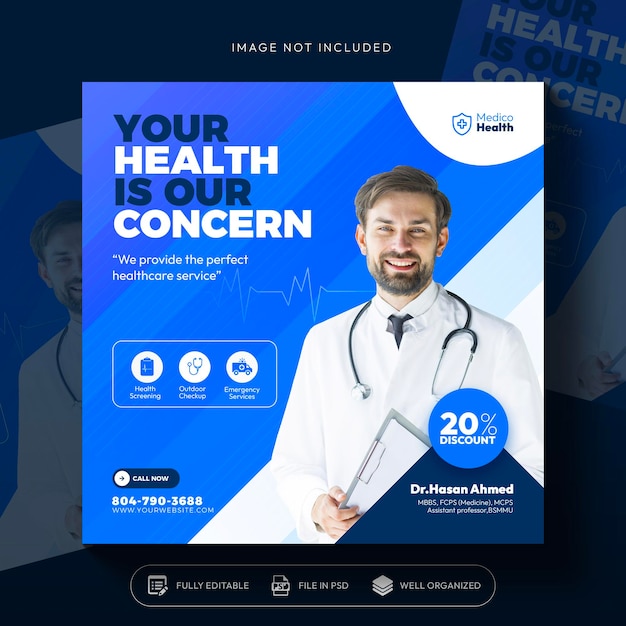 Healthcare prevention banner or square flyer with doctor theme for social media post template