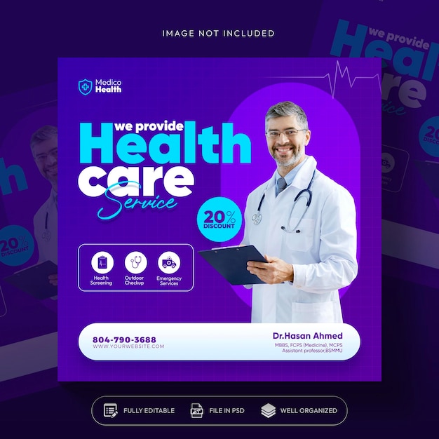 Healthcare prevention banner or square flyer with doctor theme for social media post template