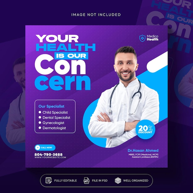 Healthcare prevention banner or square flyer with doctor theme for social media post template