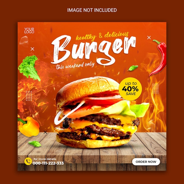 healthy and delicious burger social media post banner template design.