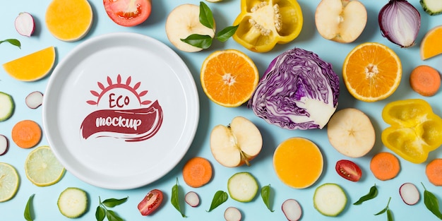 Healthy food mock-up plate with slices of veggies and fruit