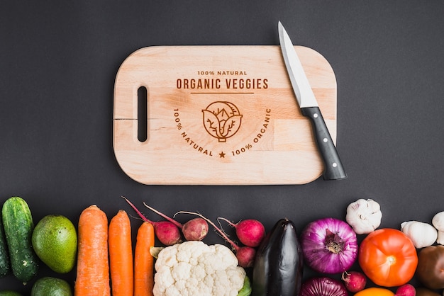 Healthy food mockup with wooden board