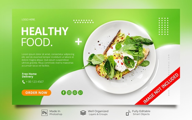 Healthy food new menu minimalis style with green white color social media website banner template