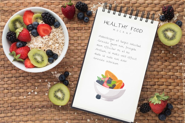 Healthy food with notebook