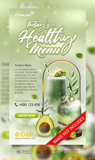 PSD healthy fruit drink menu promotion social media instagram post stories banner template