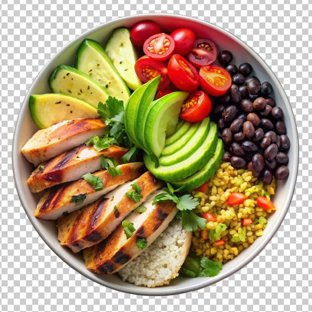 PSD healthy grain bowl with grilled chicken black bea on transparent background