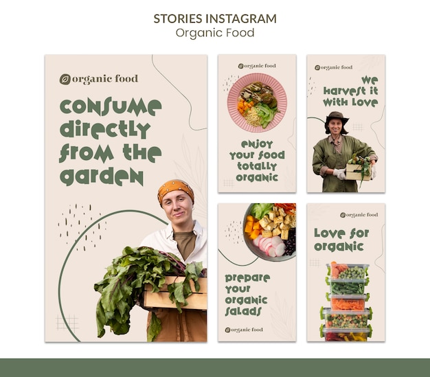 Healthy home grown food instagram stories collection with organic shapes