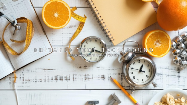 PSD healthy lifestyle concept with oranges clock and notepad