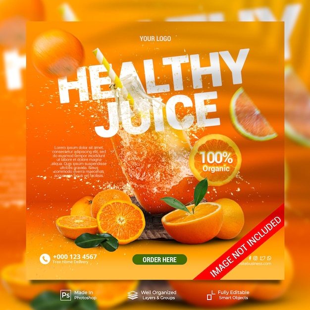 Healthy orange juice summer drink menu for promo social media instagram post feed banner template