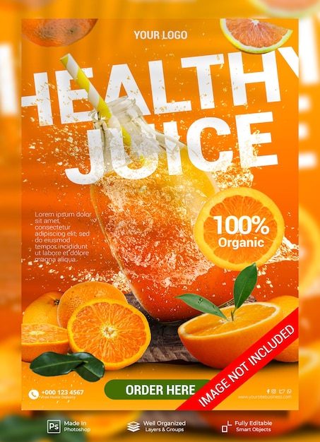 PSD healthy orange juice summer drink menu for promotion poster flyer banner template