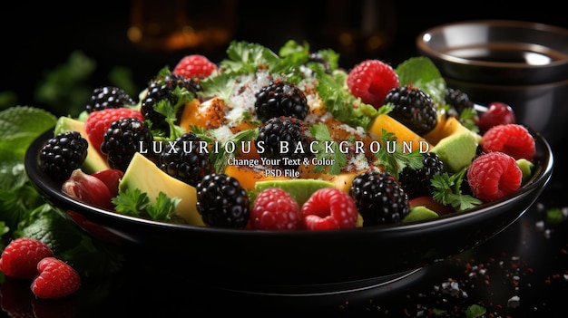 PSD healthy salad with fresh fruits and vegetables on a black background