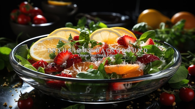 PSD healthy salad with fresh fruits and vegetables on a black background