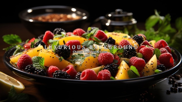 PSD healthy salad with fresh fruits and vegetables on a black background